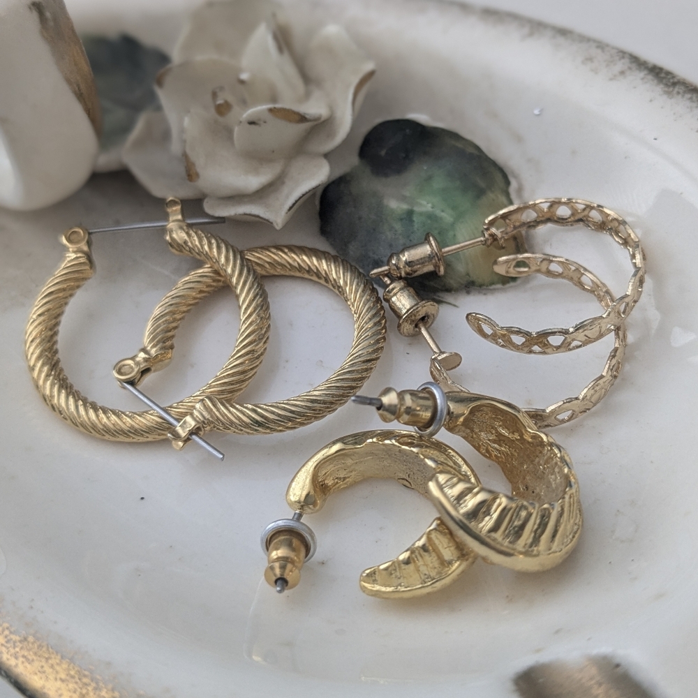 Vintage Gold Tone Hoop Earrings Lot | 3 Pair Textured Post Back Hoops